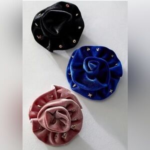 NWT Free People Velvet Rosette Stud Earring Pack & Brooch - Black, Blue, Pink